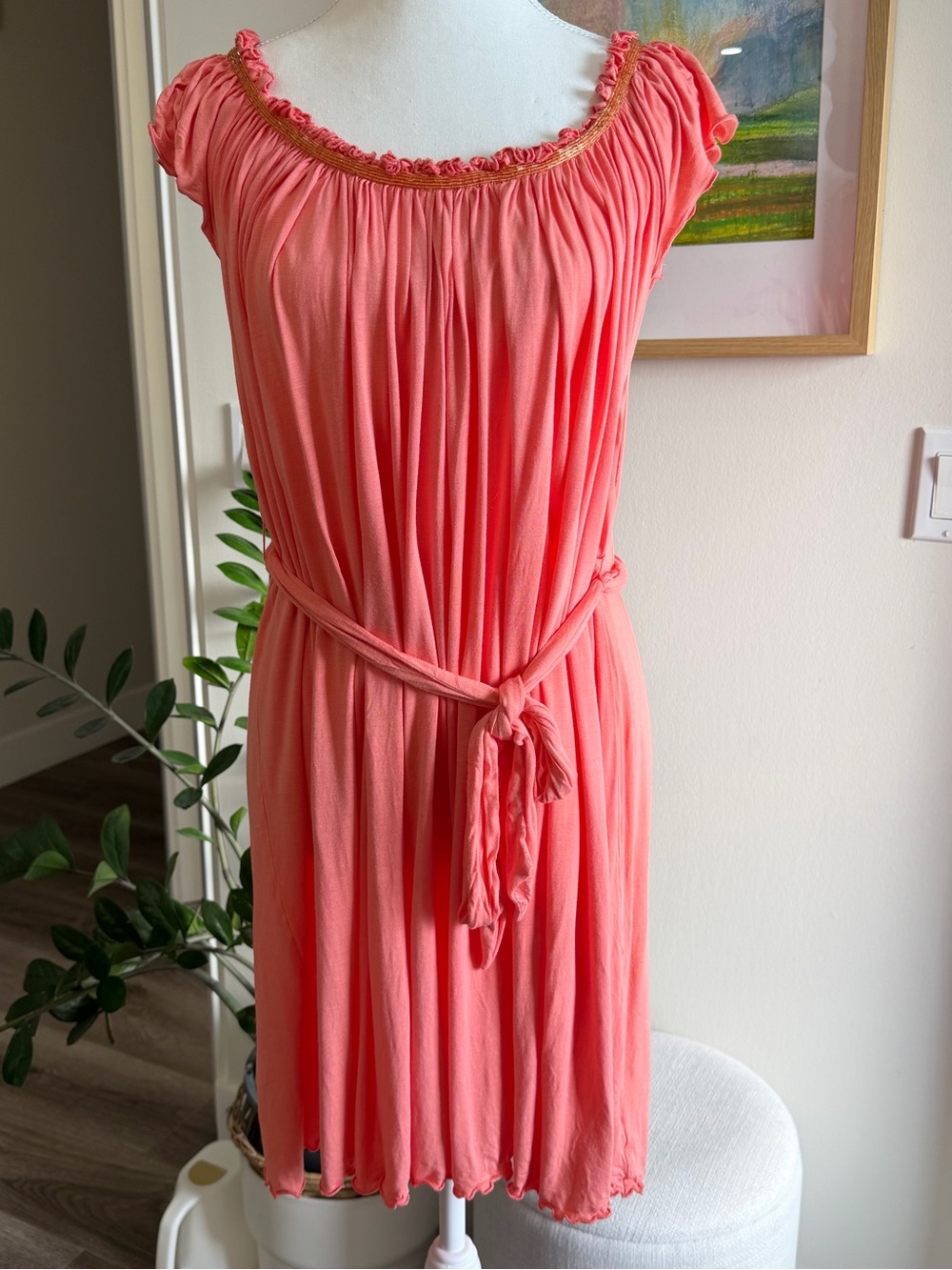 Paris Hilton Vintage Dress Coral Peach‎ Pleated Beaded Shift Dress Belted Ruffle